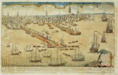 Vista de parte de la ciudad de Boston en Nueva Inglaterra y barcos de guerra británicos desembarcando sus tropas, 1768